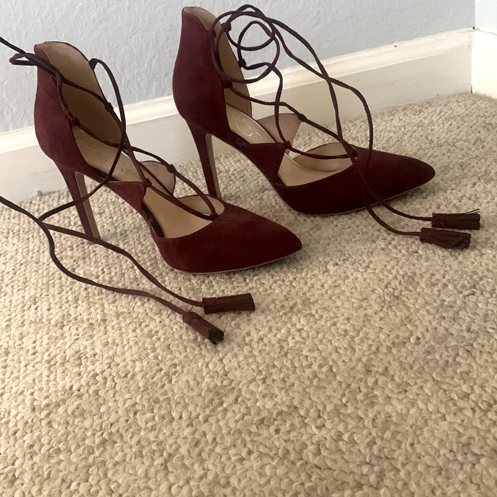Jessica Simpson Suede Burgundy Lace Up Heels.